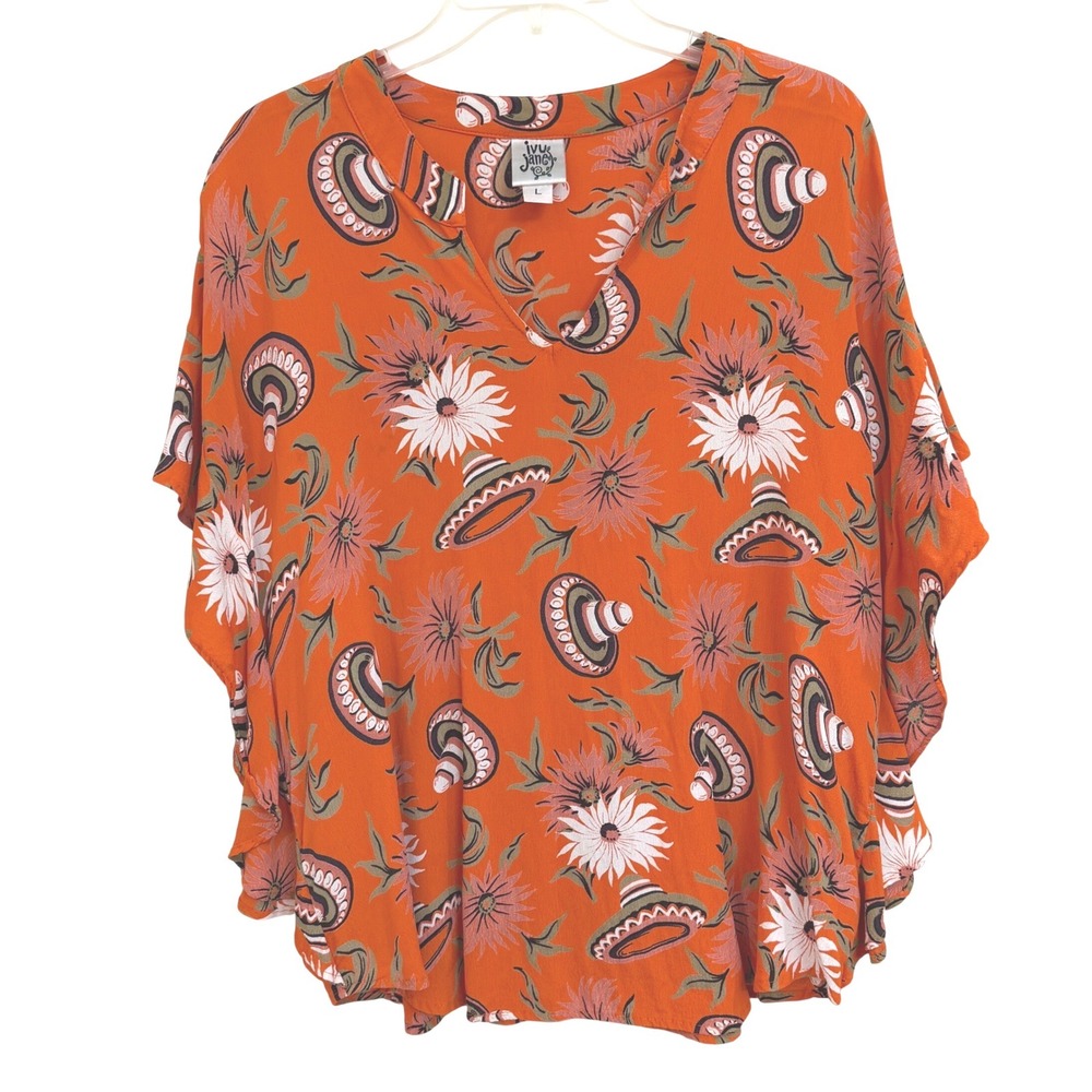 Ivu Jane Orange Desert Flower Sombrero Print Cute Breezy  Rayon Poncho Blouse L